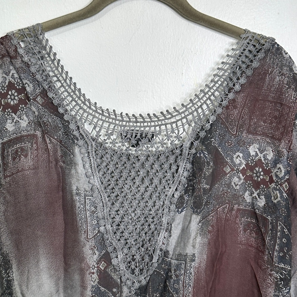 Made in Italy Silk Blend Crochet Lace Neckline Boho Print Blouse Grey Small - Picture 4 of 5